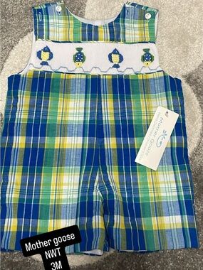 Blue & Green Plaid Smocked Baby Overalls - 3M